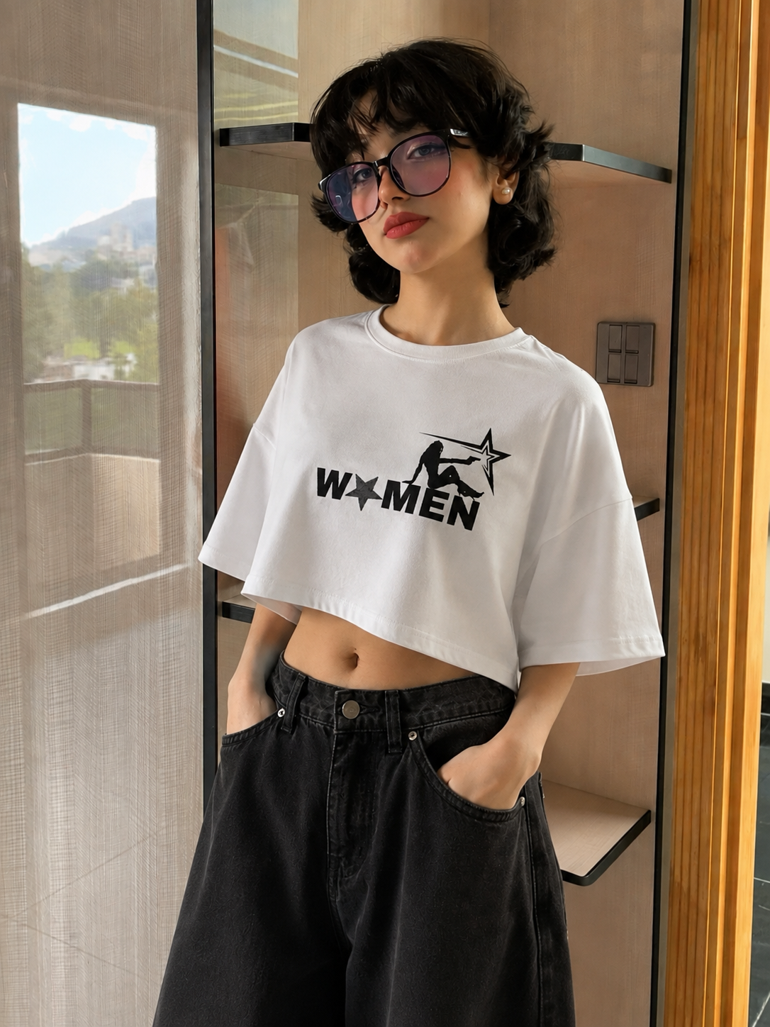 W★MEN Graphic Oversized Crop Top – White