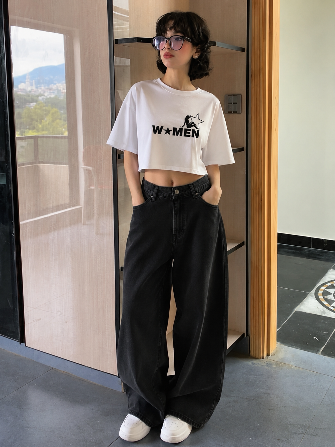 W★MEN Graphic Oversized Crop Top – White