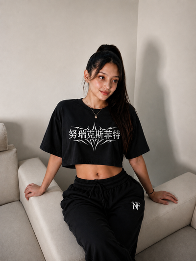 NurexFit Oversized Terry Crop T-Shirt for Women – Premium Black Graphic Tee