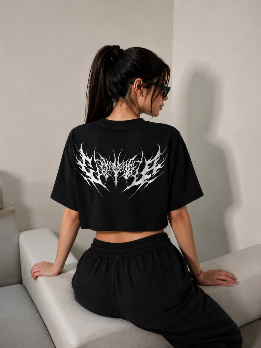 NurexFit Oversized Terry Crop T-Shirt for Women – Premium Black Graphic Tee