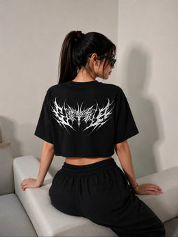NurexFit Oversized Terry Crop T-Shirt for Women – Premium Black Graphic Tee